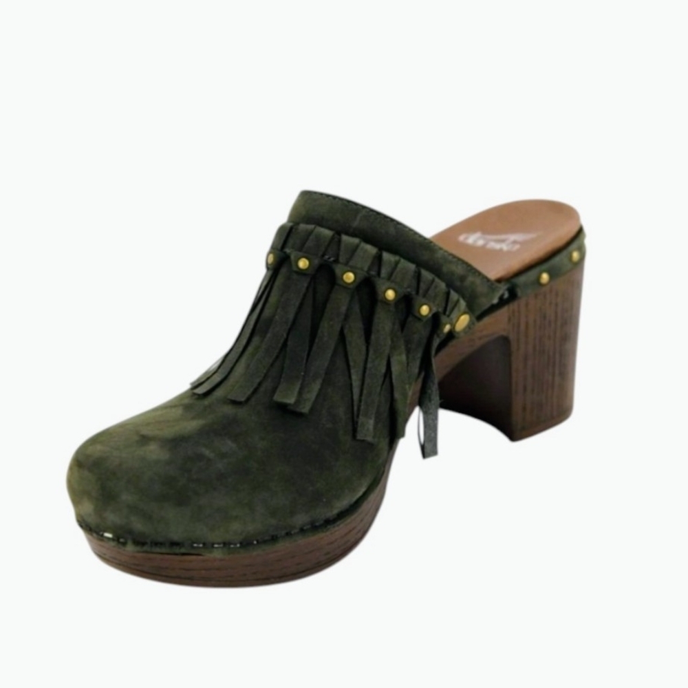 Dansko Women's Deni Olive Suede Fringe And Studded Mules - Picture 4 of 9